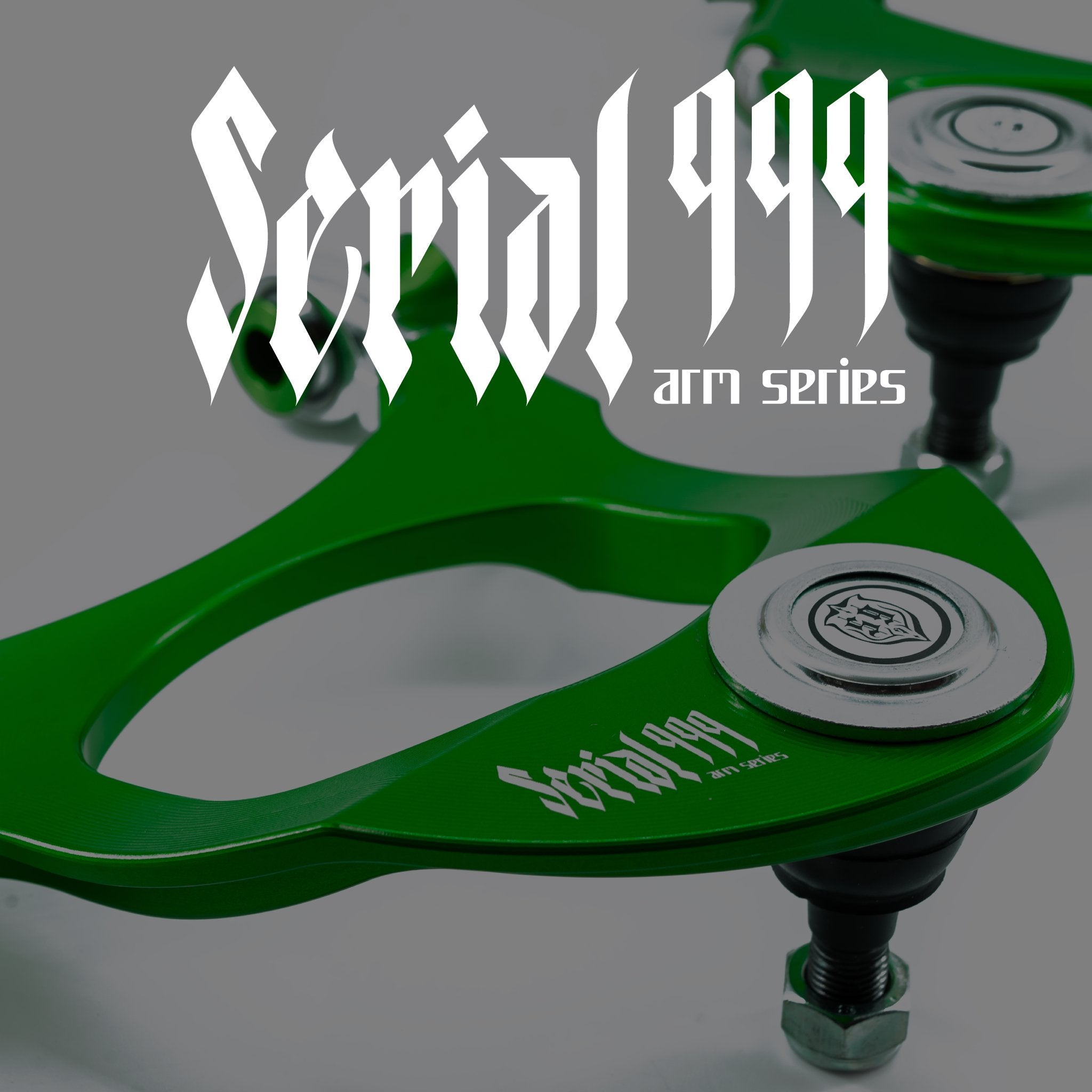 Set of SERIAL999 green billet aluminum adjustable suspension arms on display