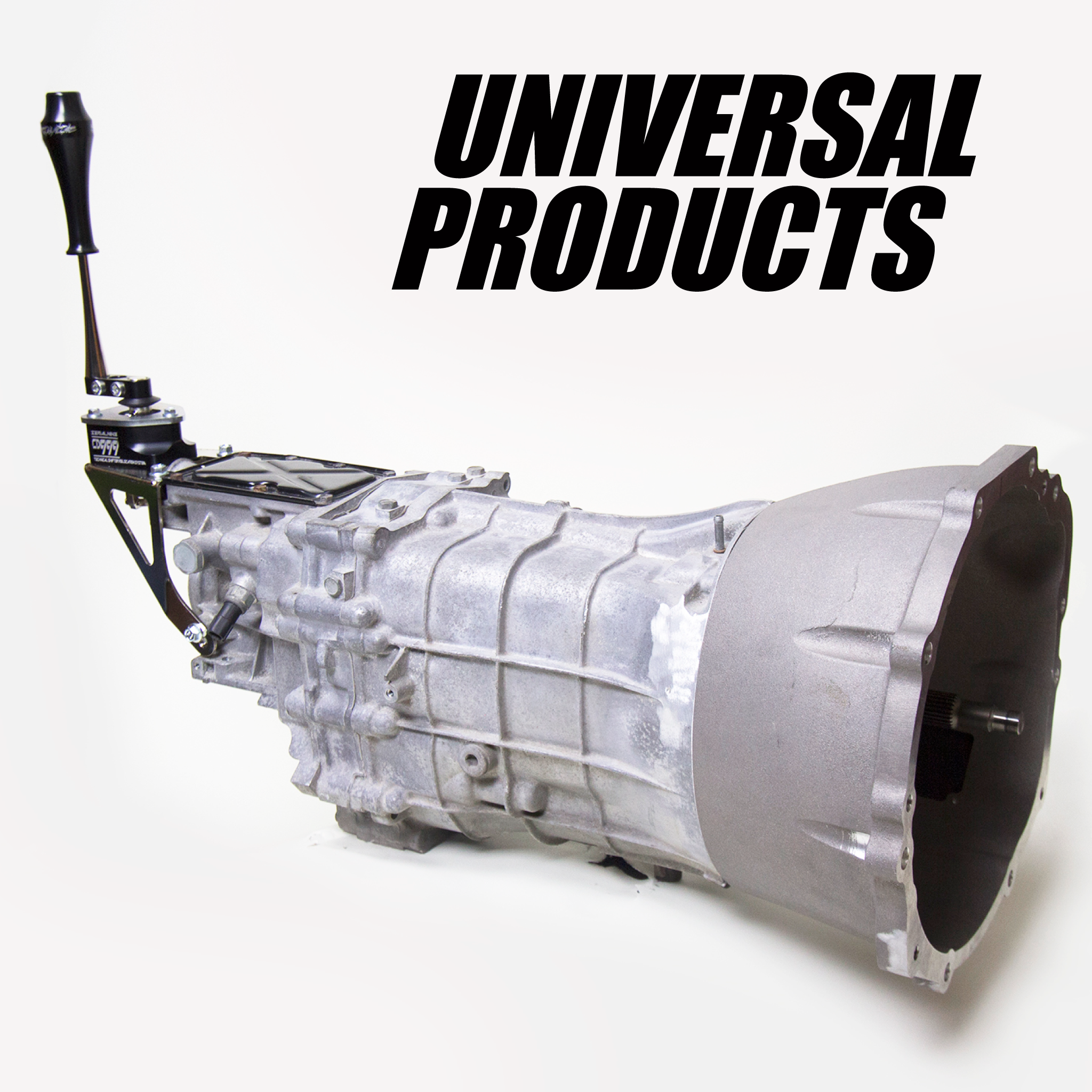 CD009 transmission with SERIALNINE CD PRO adapter kit and CD999 shifter, labeled 'UNIVERSAL PRODUCTS'.