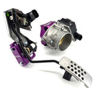 Purple SERIALNINE PRISM DBW conversion kit with throttle body adapter, pedal adapter, VQ35 electronic throttle body, and G35 electronic accelerator pedal.