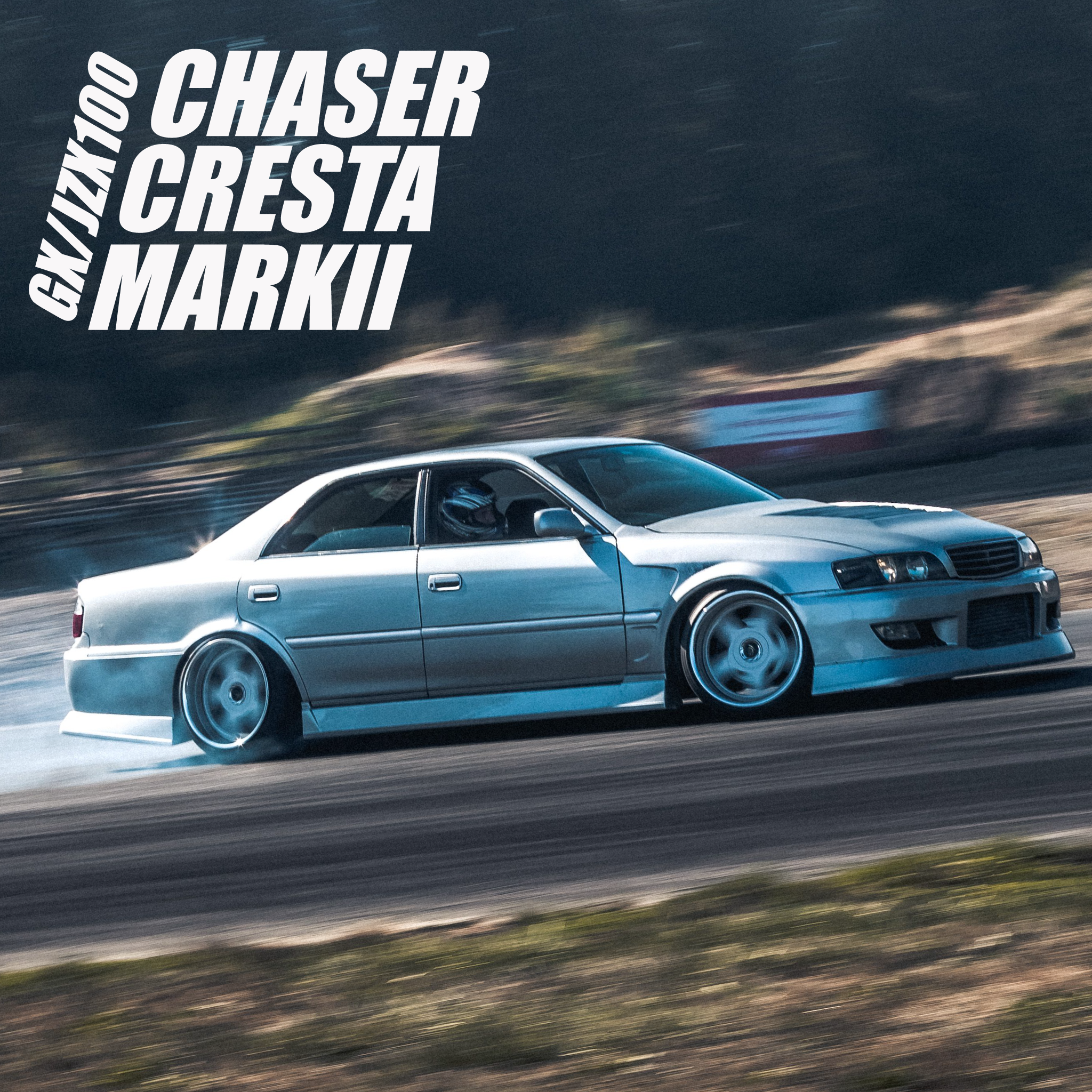 Silver Chaser drifting on a track with 'CHASER CRESTA MARKII' in bold text, showing performance and design
