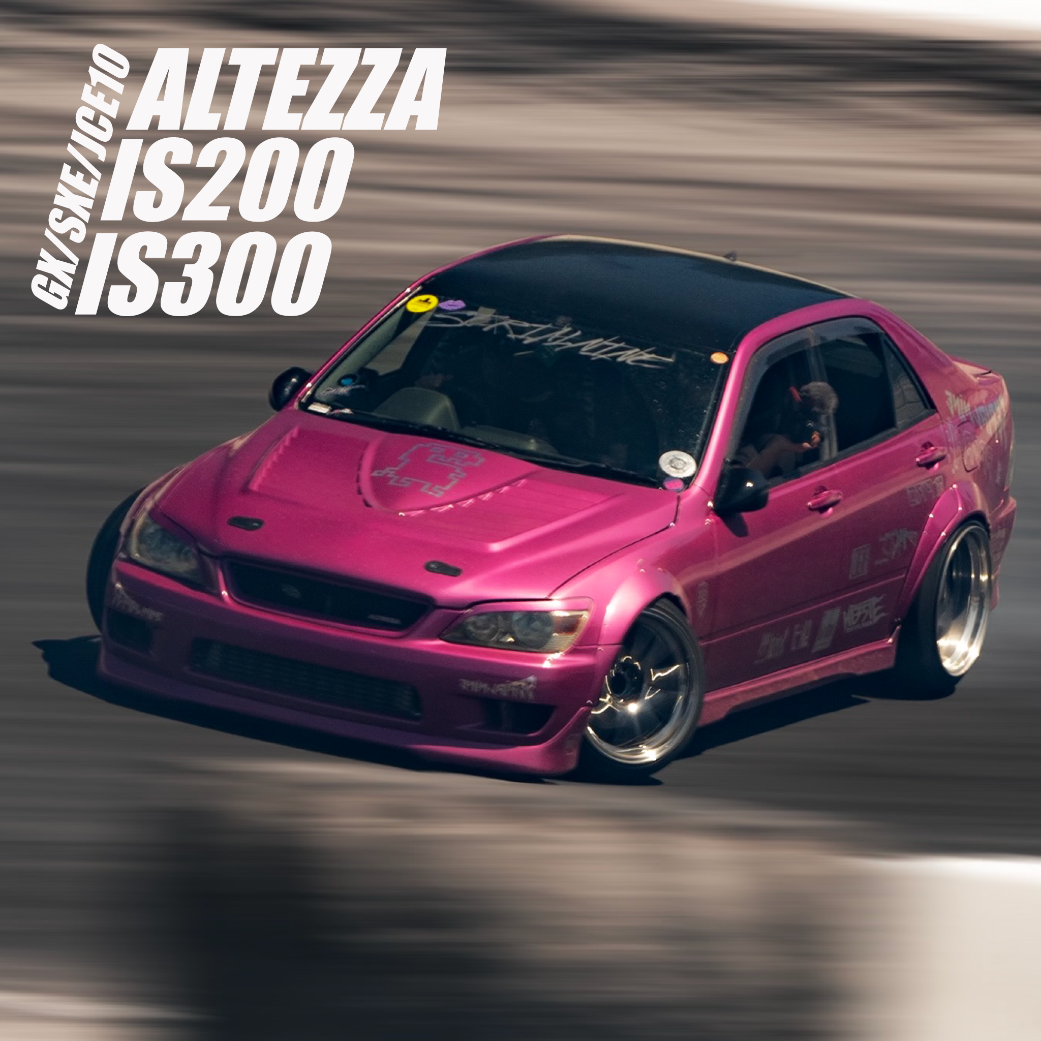 A pink Altezza IS200 or IS300 drifting on a track with 'Altezza IS200 IS300' labeled in bold white text, showcasing dynamic movement and racing style.